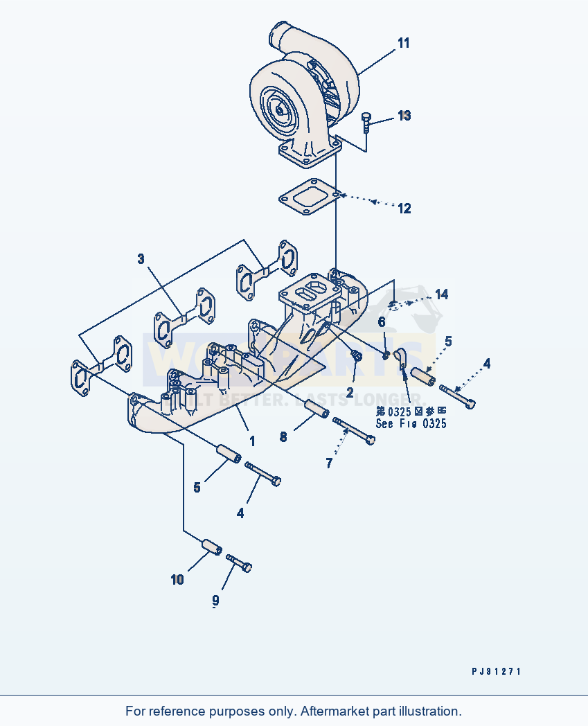 Komatsu WA250-1 Exhaust Manifold And Turbocharger parts diagram