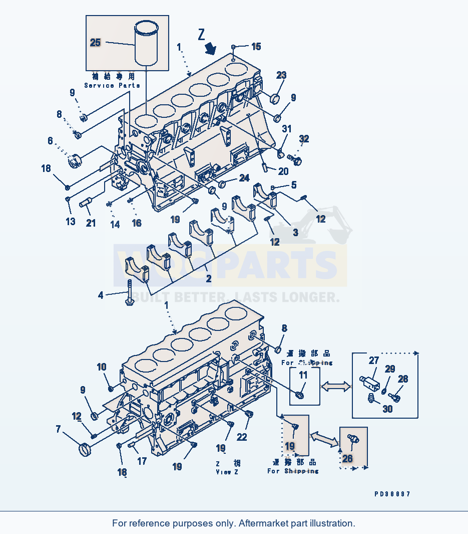 Komatsu WA250-3 Cylinder Block parts diagram
