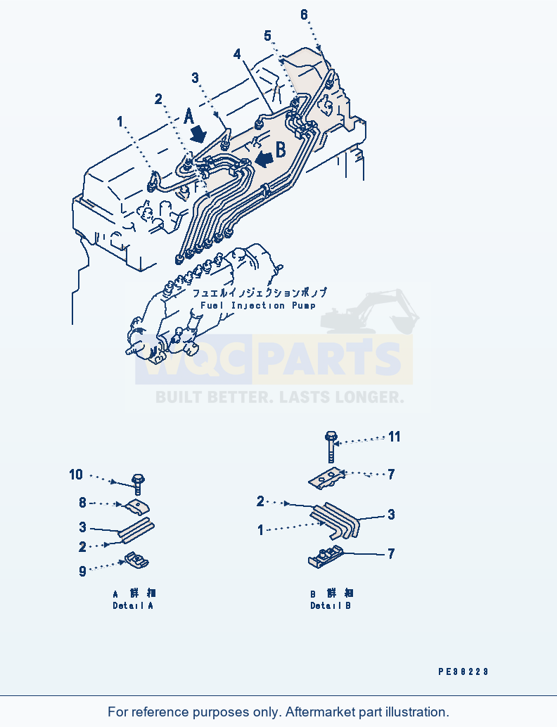 Komatsu WA250-3 Fuel Injection Pump Piping parts diagram