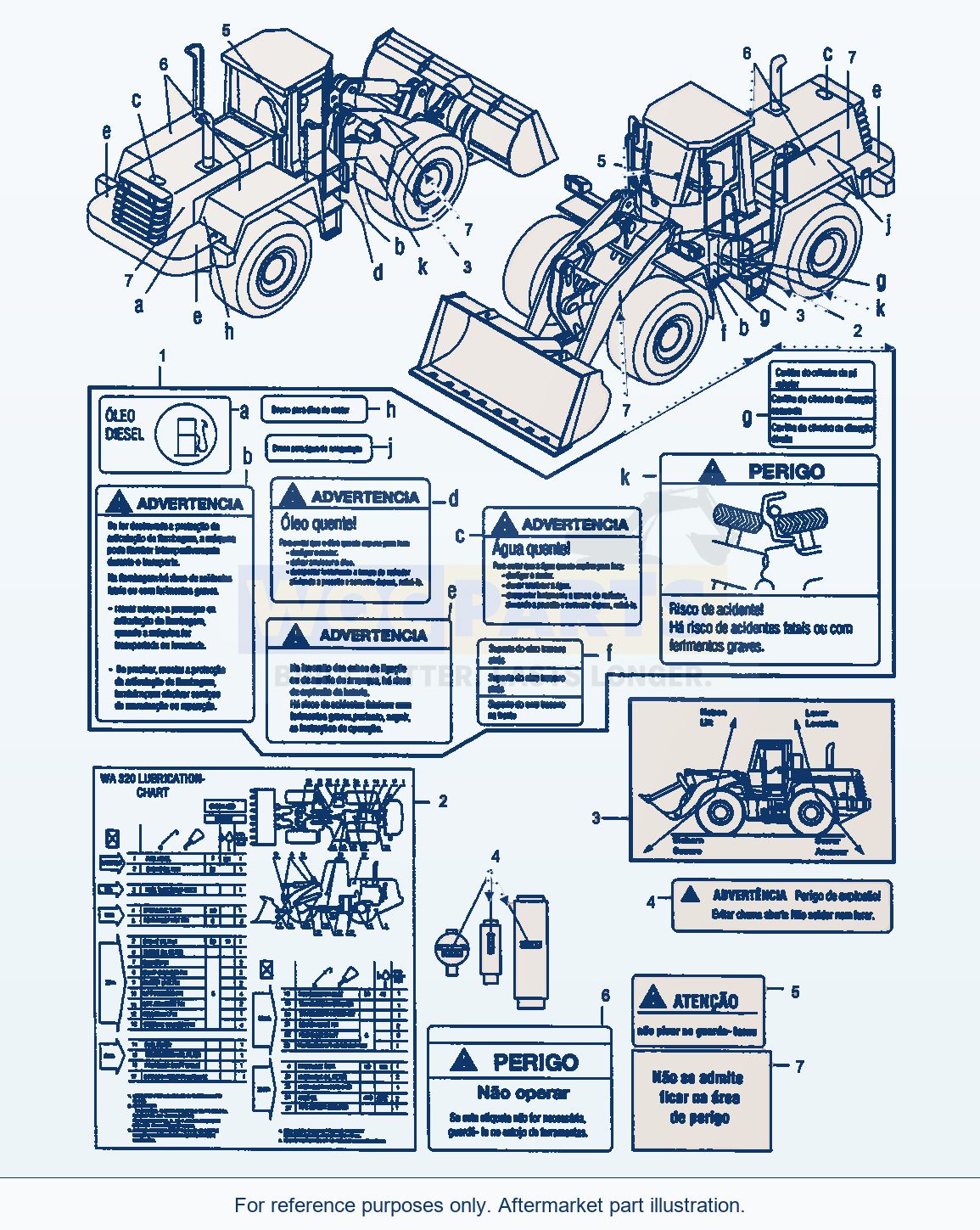 Komatsu WA320-3 Decals, Portuguese parts diagram