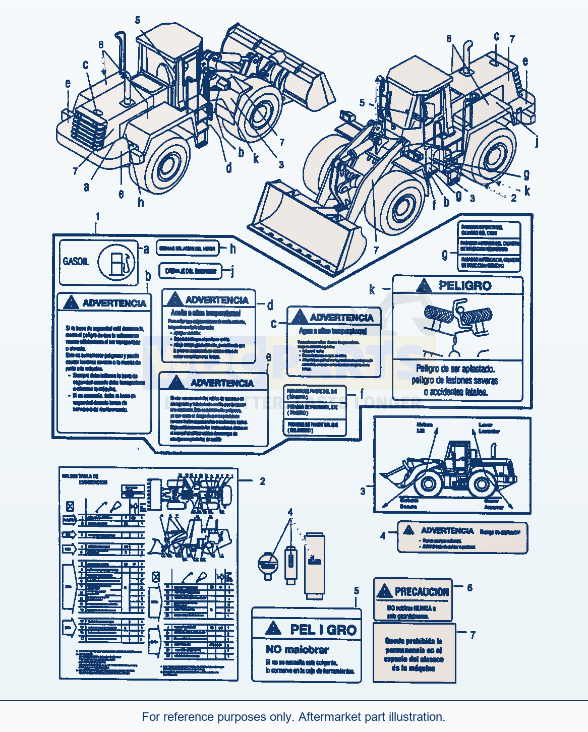 Komatsu WA320-3 Decals, Spanish parts diagram