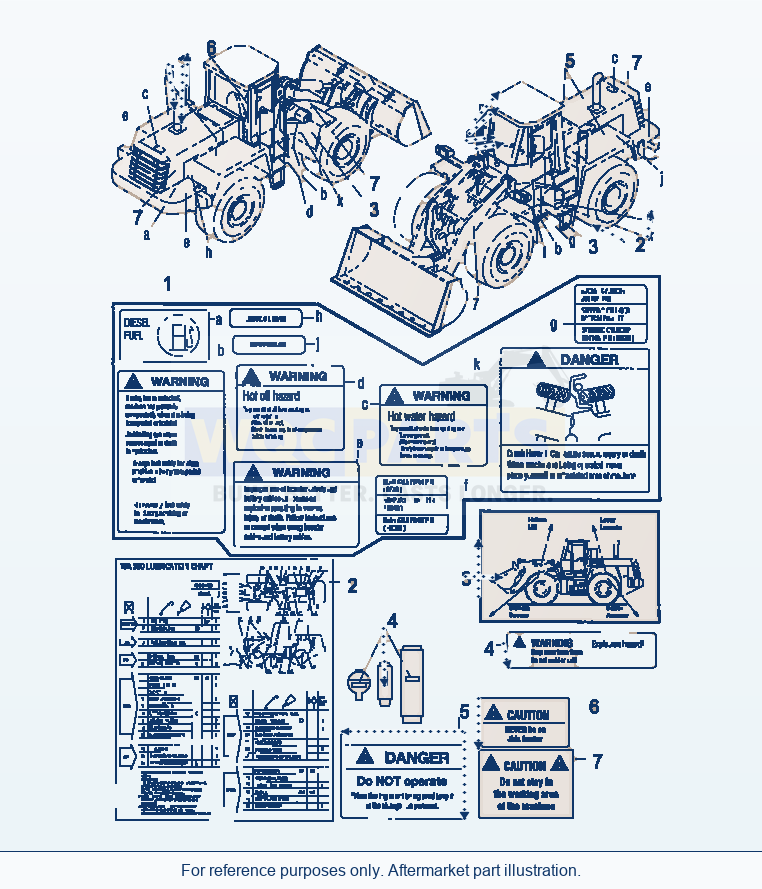 Komatsu WA380-3 Decals, English parts diagram