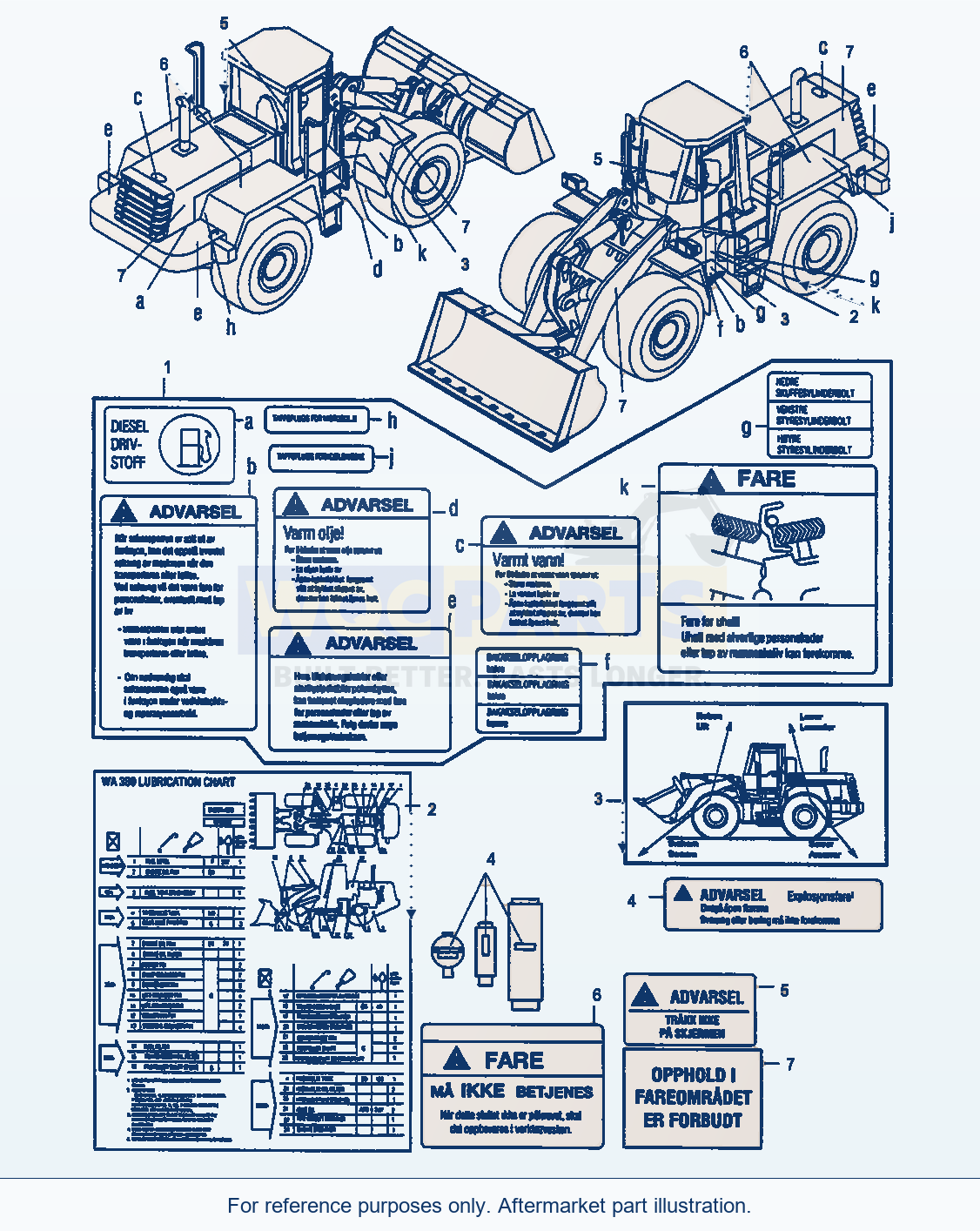 Komatsu WA380-3 Decals, Norwegian parts diagram