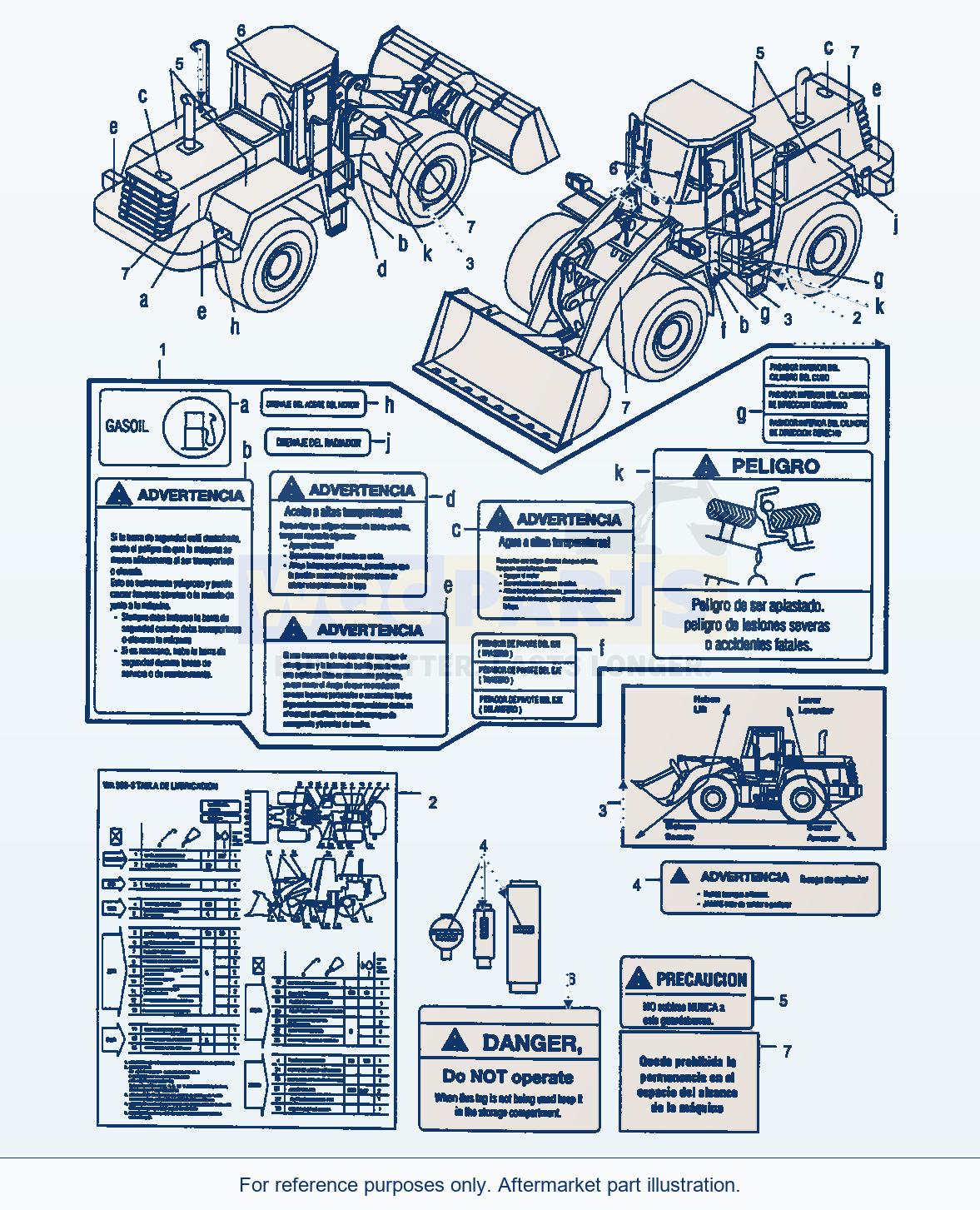 Komatsu WA380-3 Decals, Spanish parts diagram