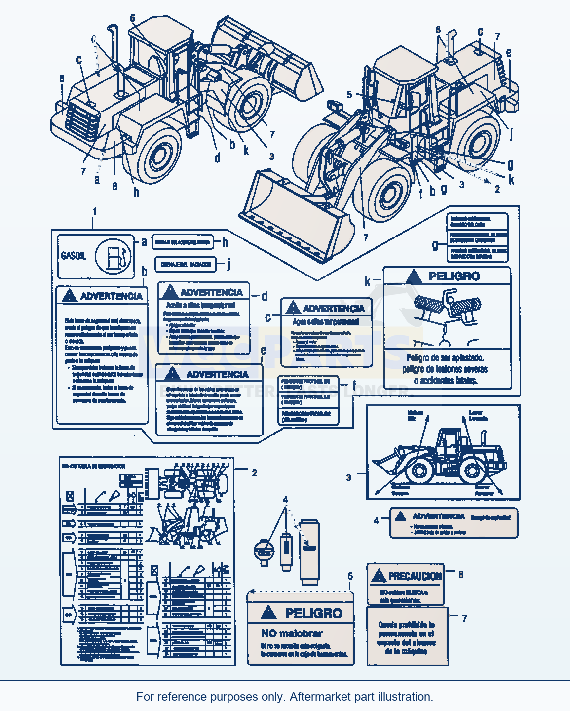 Komatsu WA470-3 Decals, Spanish parts diagram