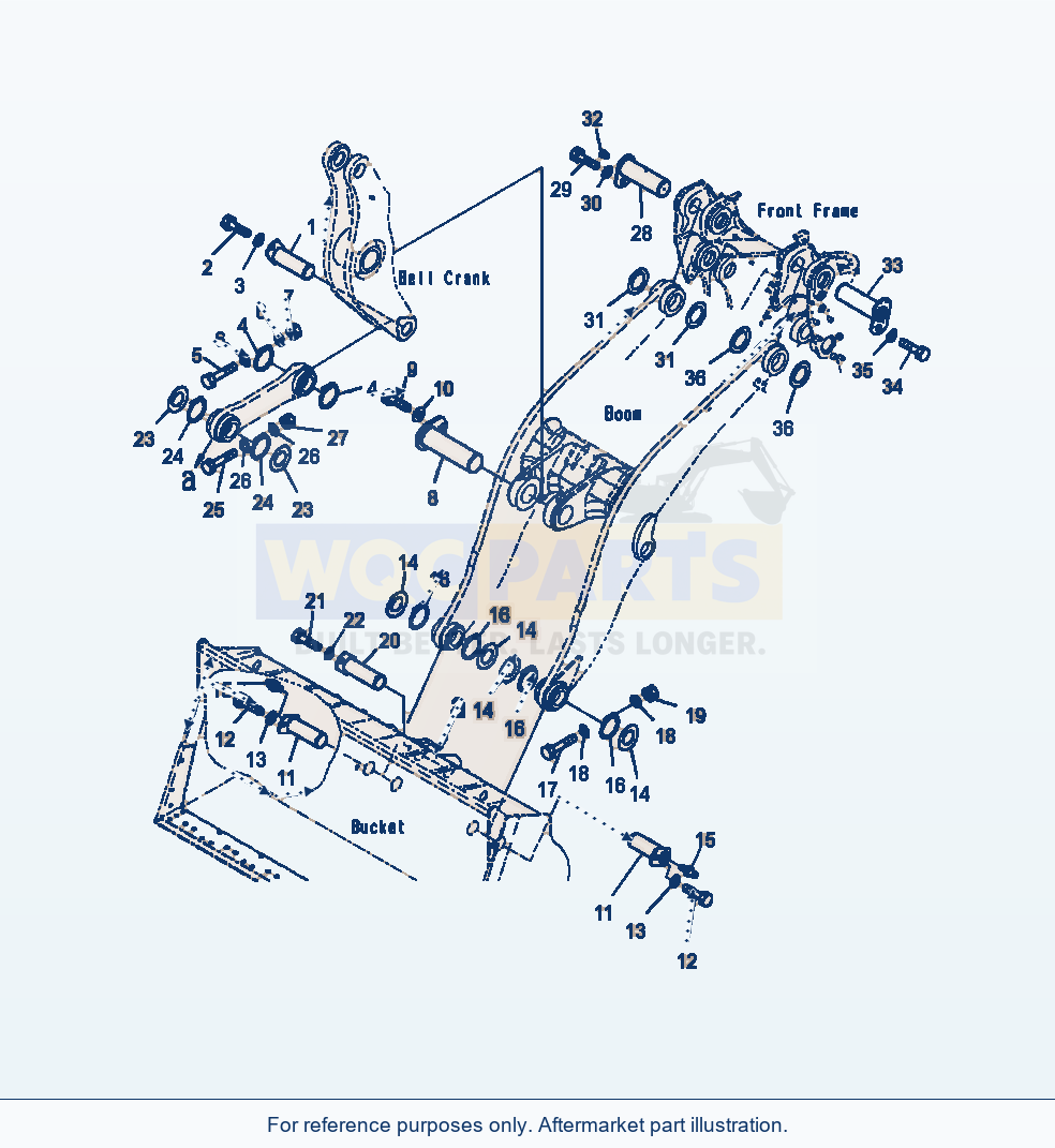 Komatsu WA500-7 boom and bell crank mounting pins parts diagram, serial A94001-UP